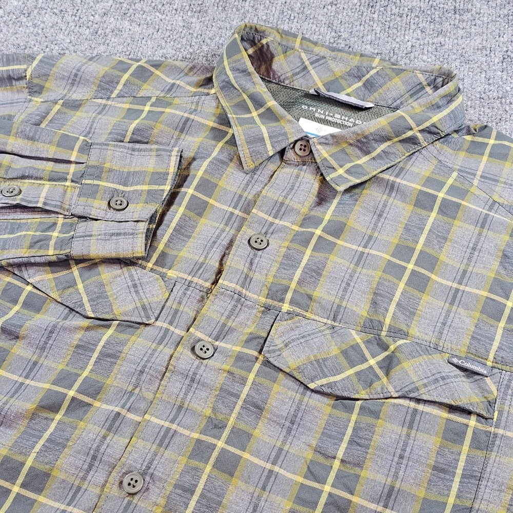 Columbia Mens Large Omni-Shade Gray Yellow Plaid Gray Long Sleeve Outdoor Shirt